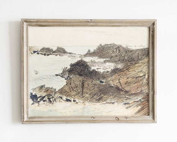 Neutral Sketch Antique Beach Landscape Art Print