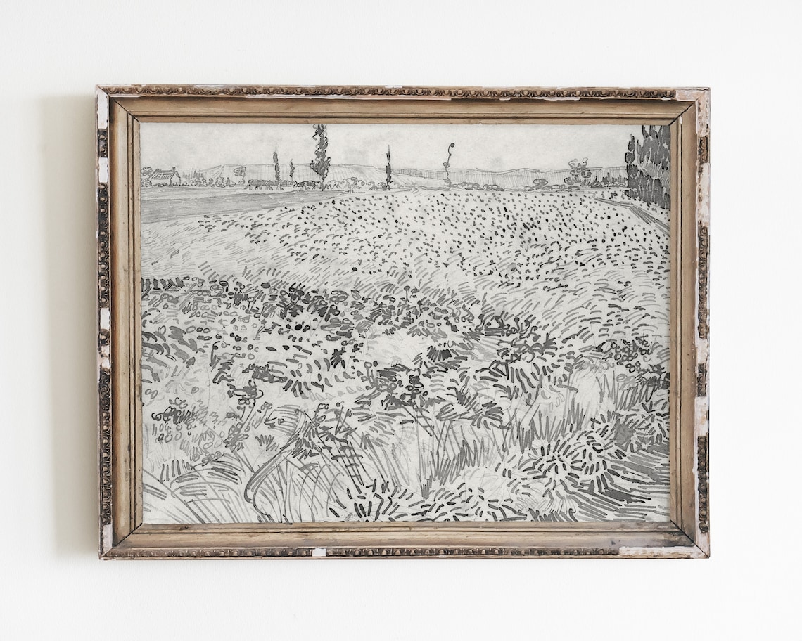 Van Gogh-Inspired Vintage Landscape Sketch Art Print
