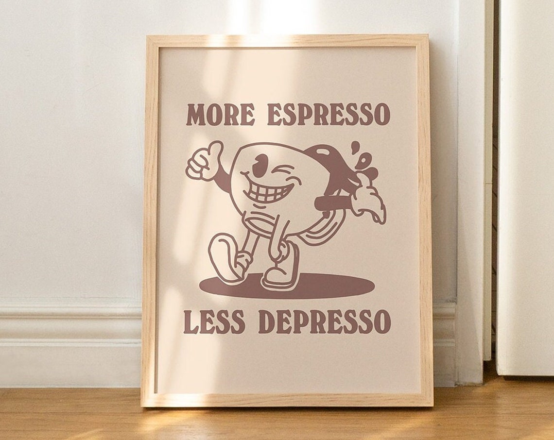 More Espresso Less Depresso Retro Coffee Mascot Cartoon Poster