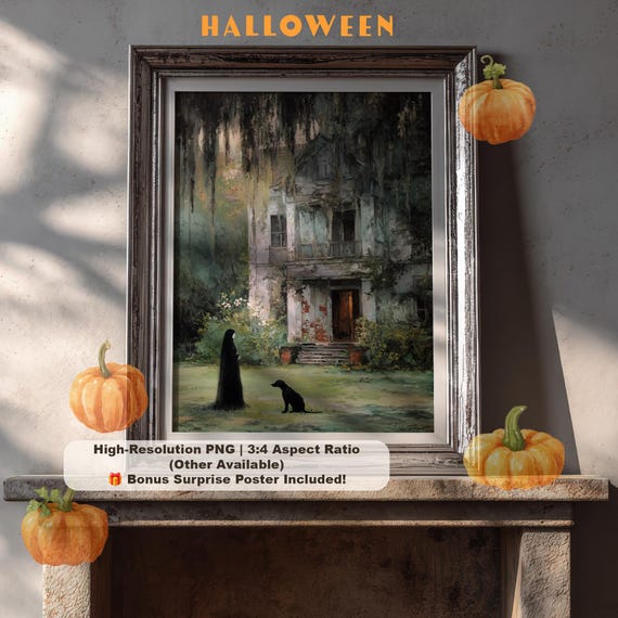 Gothic Halloween Haunted House Print Witch Forest Dog Art