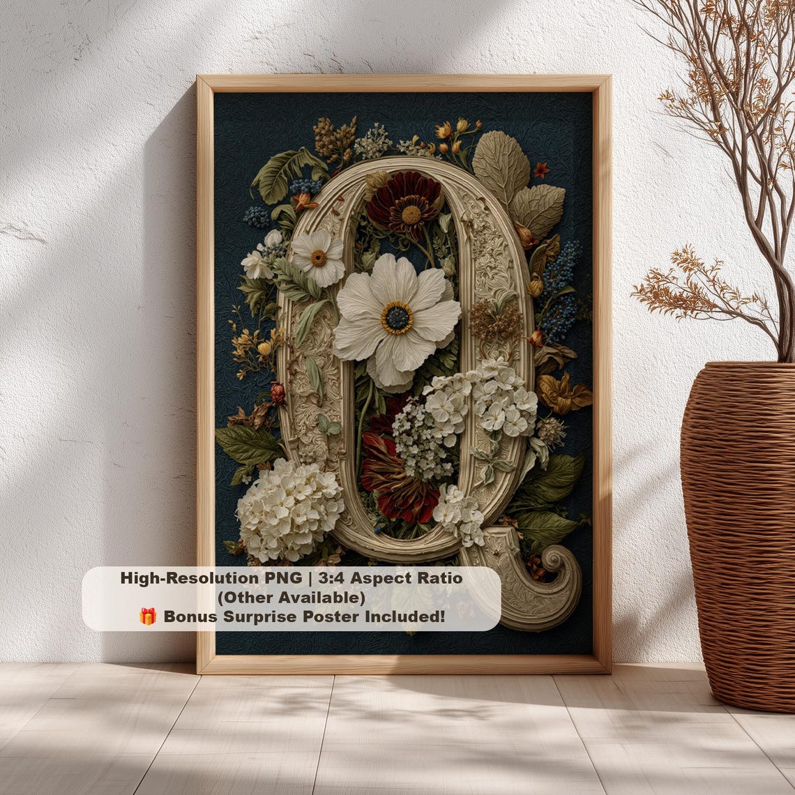 Floral Letter Q Print Vintage Botanical Monogram