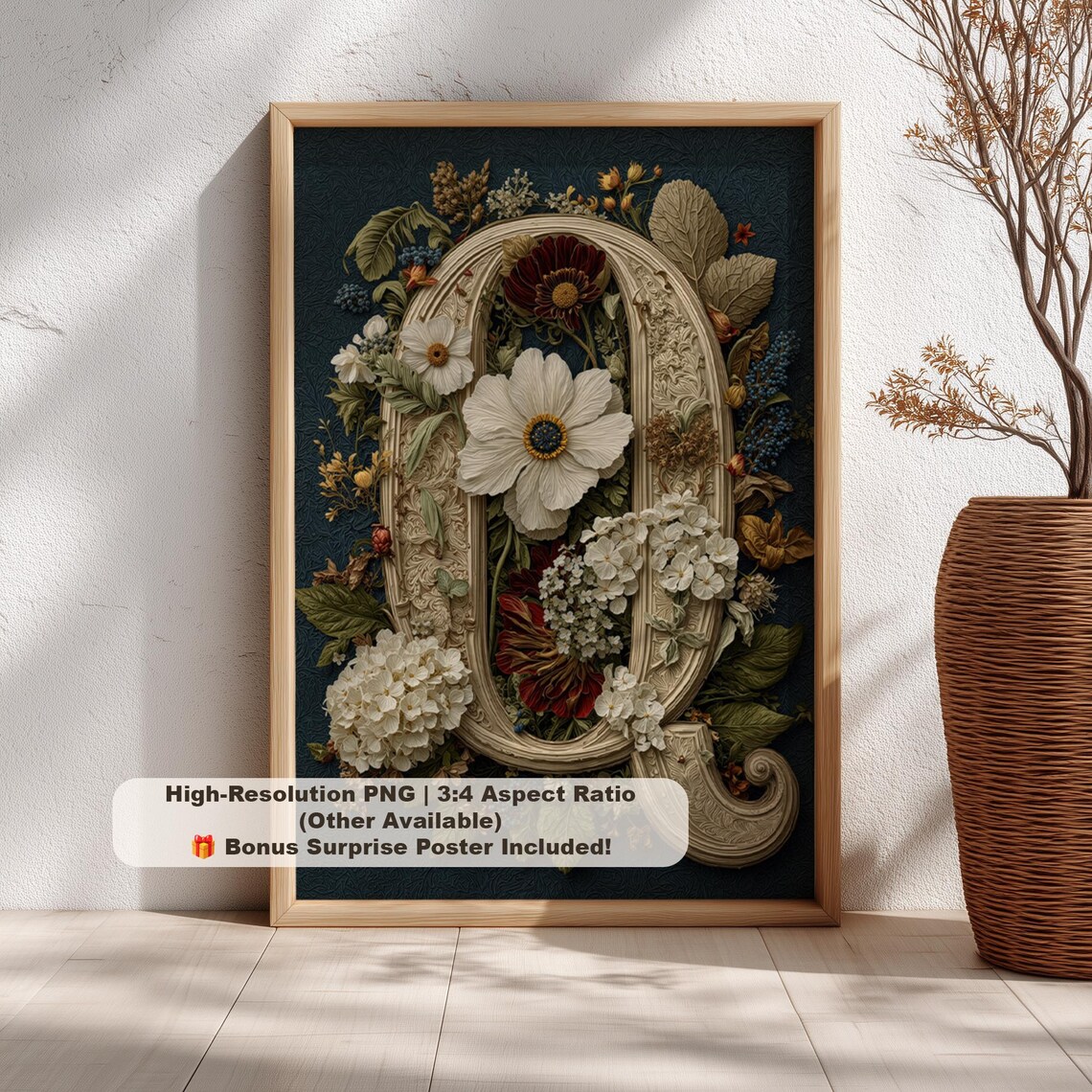 Ivory Letter Q White Anemones Dark Navy Vintage Botanical Art Print