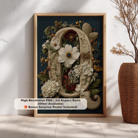 Floral Letter Q Print Vintage Botanical Monogram