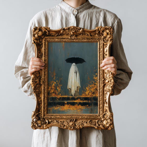 With Umbrella Print Moody Autumn Art Spooky Vintage Painting