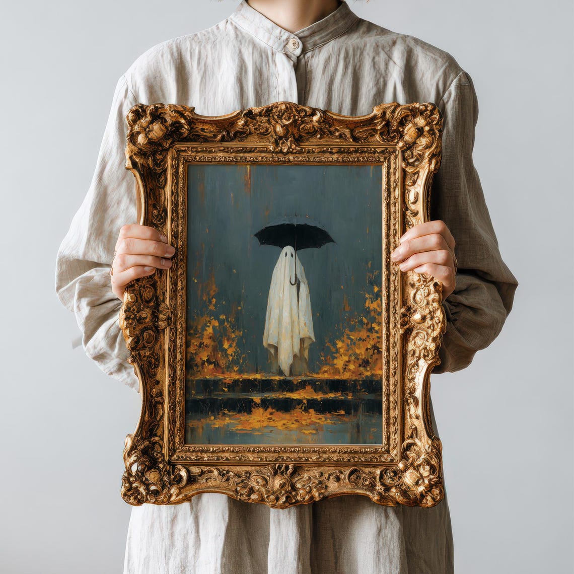 With Umbrella Print Moody Autumn Art Spooky Vintage Painting