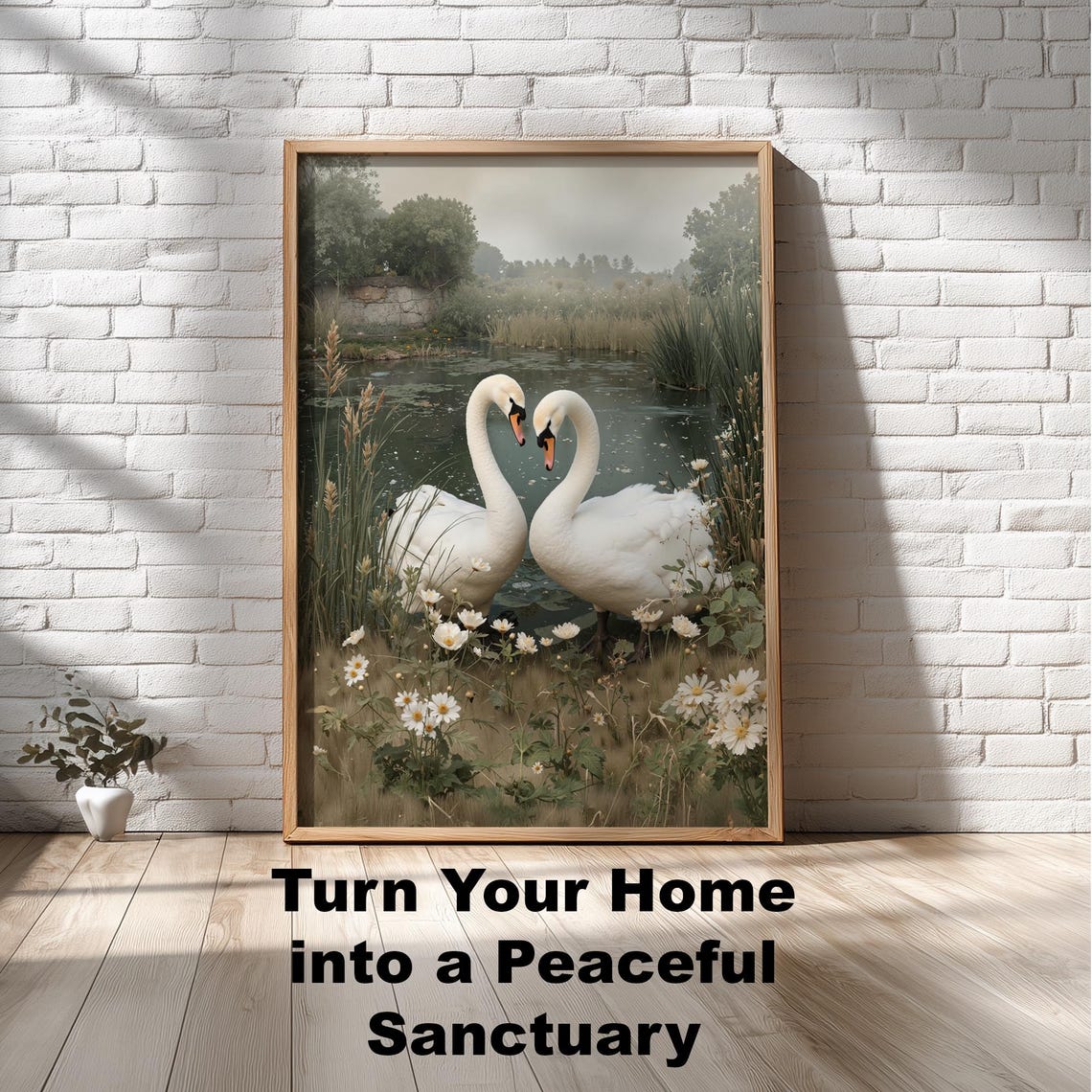 Two Swans Forming Heart On Misty Lake Romantic Wildlife Poster