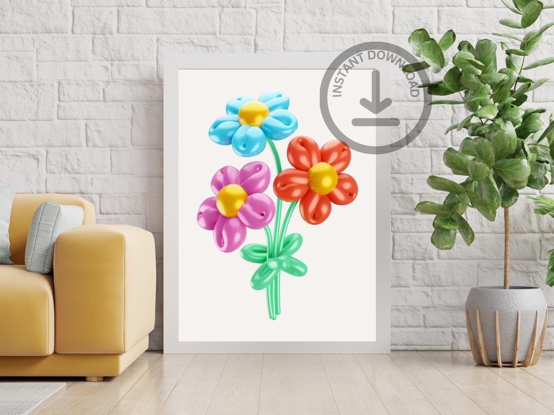 Balloon Flowers Pink Blue Red 3D Balloon Bouquet Nursery Poster - Image 3