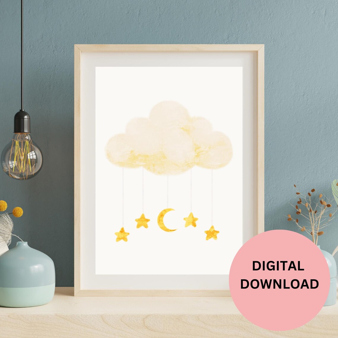 Watercolor Cloud With Gold Stars and Moon Hanging Mobile Art Print - Image 2