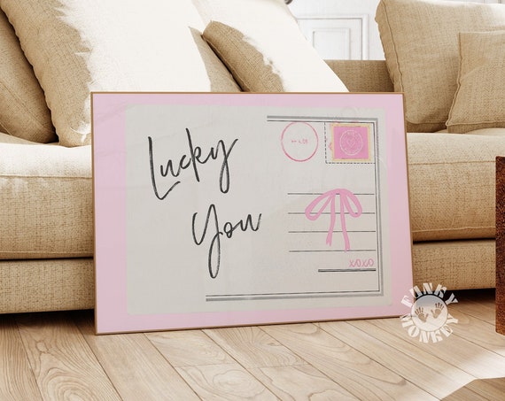 Lucky You Trendy Wall Art Print Pink Retro Postcard Print Preppy Girly Coquette Apartment Aesthetic Affirmation Poster