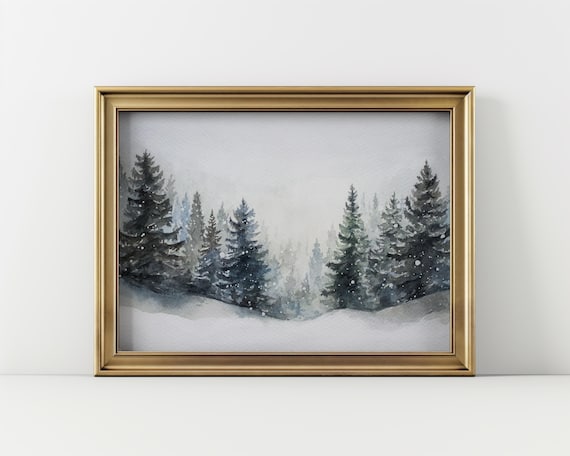 Snowy Pine Forest Winter Watercolor Landscape Peaceful Nature Art Poster