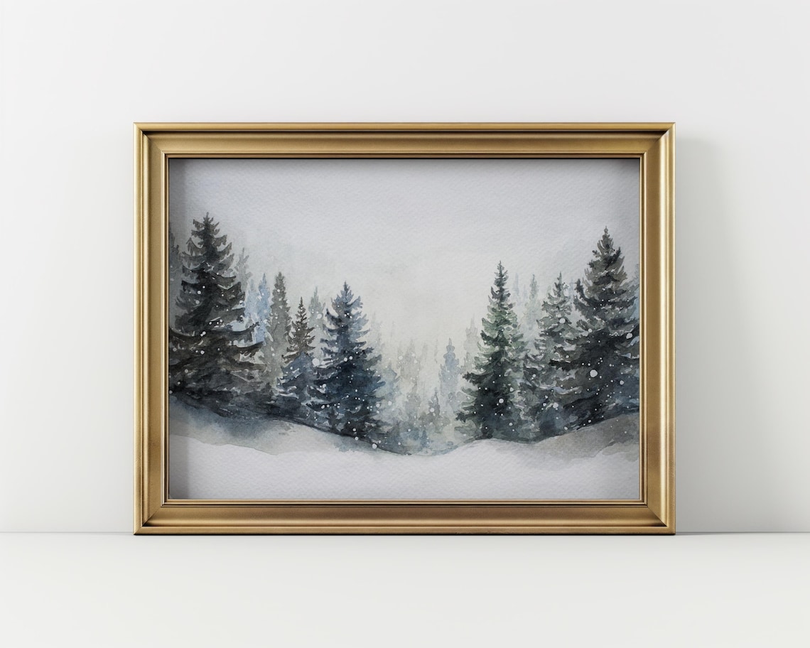 Snowy Pine Forest Winter Watercolor Landscape Peaceful Nature Art Poster