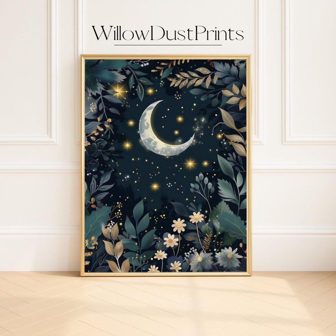 Crescent Moon And Stars Mystical Night Sky Floral Wall Poster