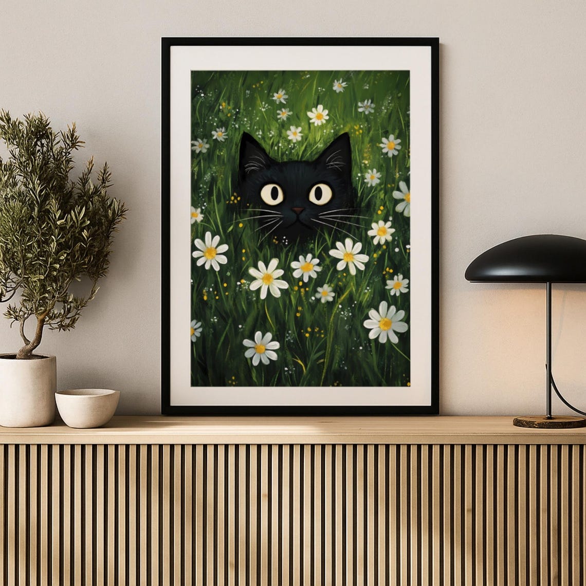 Black Cat in Daisy Meadow Green Grass Hand Drawn Cute Poster