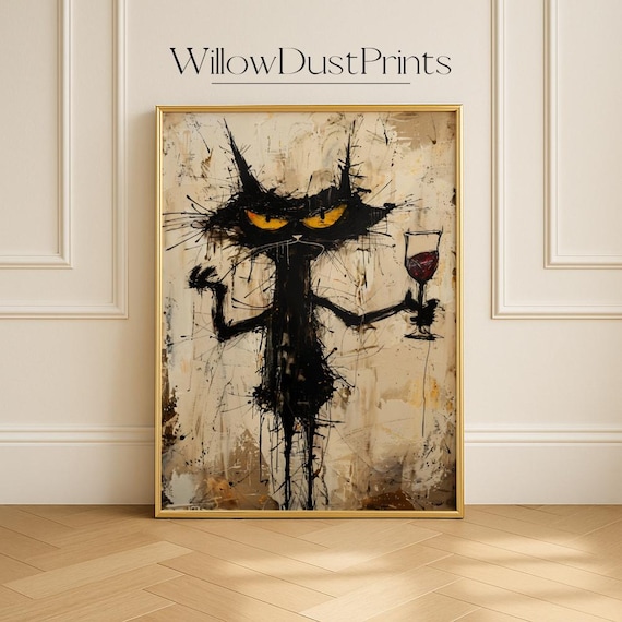 Funny Black Cat With Wine Glass Grunge Ink Art Quirky Humor Poster