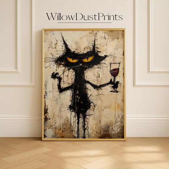 Funny Cat Wall Art Rude Scruffy With Wine Glass Grunge Style For Kitchen Office Bar Home Decor Gift