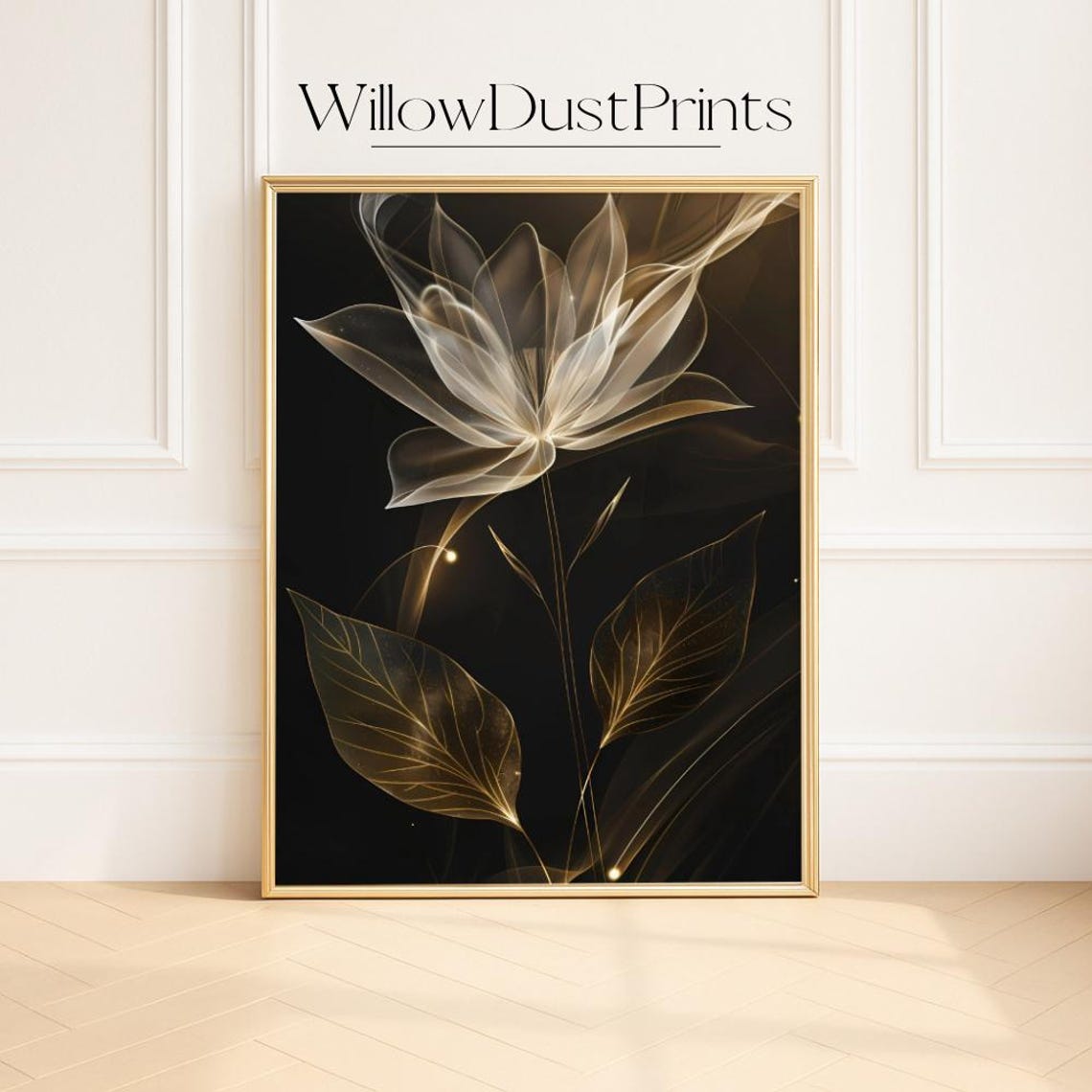 Golden Translucent Flower On Black Elegant Botanical Wall Poster