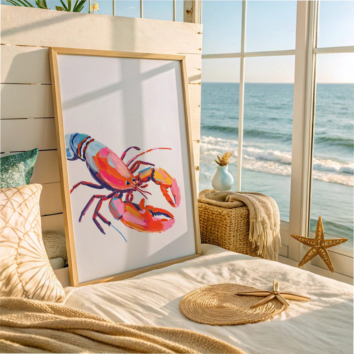 Colorful Fun Lobster Watercolor Coastal Beach House Art Poster