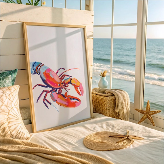 Colorful Fun Lobster Watercolor Coastal Beach House Art Poster