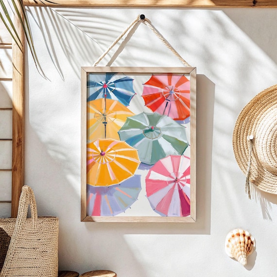 Colorful Beach Umbrellas Aerial View Pastel Coastal Decor Poster