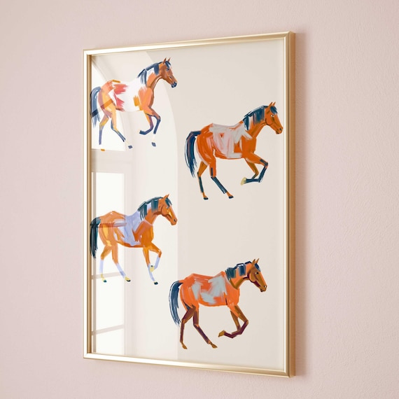 Watercolor Horses Art Print Galloping Orange Horses Equestrian Decor