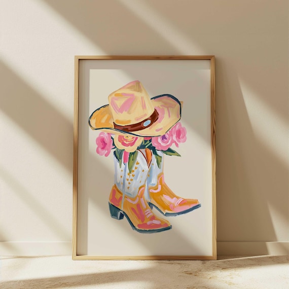 Cowgirl Boots Cowboy Hat Pink Roses Western Floral Watercolor Poster