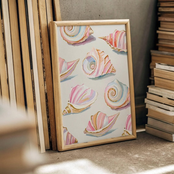 Colorful Pastel Shells Abstract Coastal Beach House Wall Art Print Oyster Poster Dining Room Kitchen Meet Me At The 02