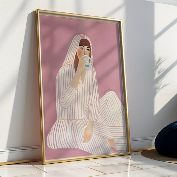 Pink Coffee Lover Print Abstract Woman Modern Wall Art