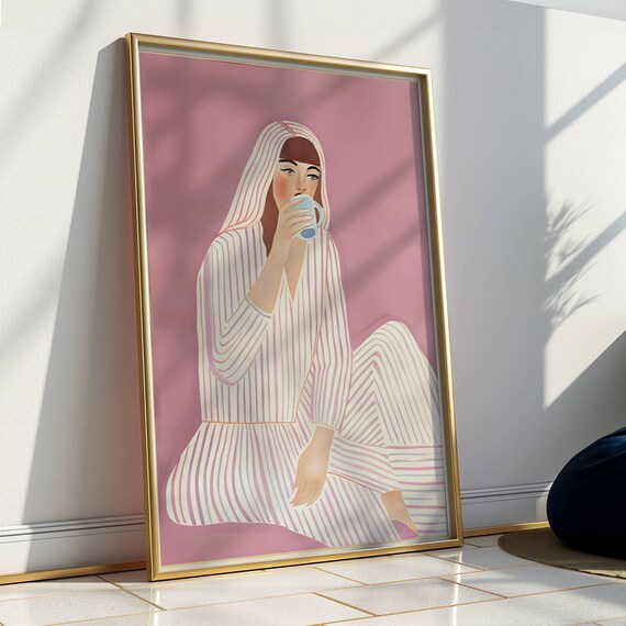 Woman Coffee Cup Pink Striped Pajamas Morning Illustration Art Poster