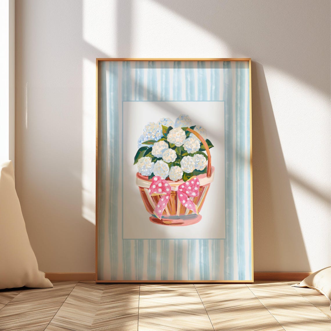 White Hydrangeas Basket Pink Polka Dot Bow Floral Art Poster