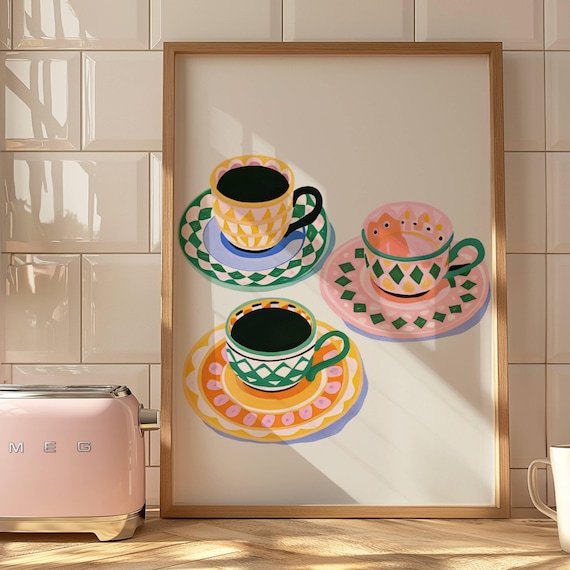 Patterned Teacups on Saucers Cottagecore Kitchen Wall Poster