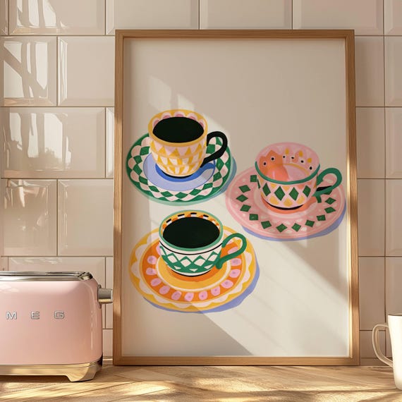 Tea Cup And Saucer Wall Art Print Grandmillennial Kitchen Decor Colorful Lover Gift Cottagecore Printable
