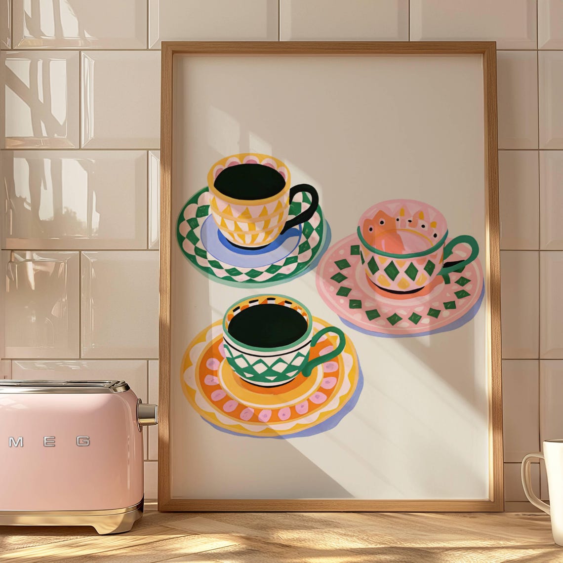Patterned Teacups on Saucers Cottagecore Kitchen Wall Poster