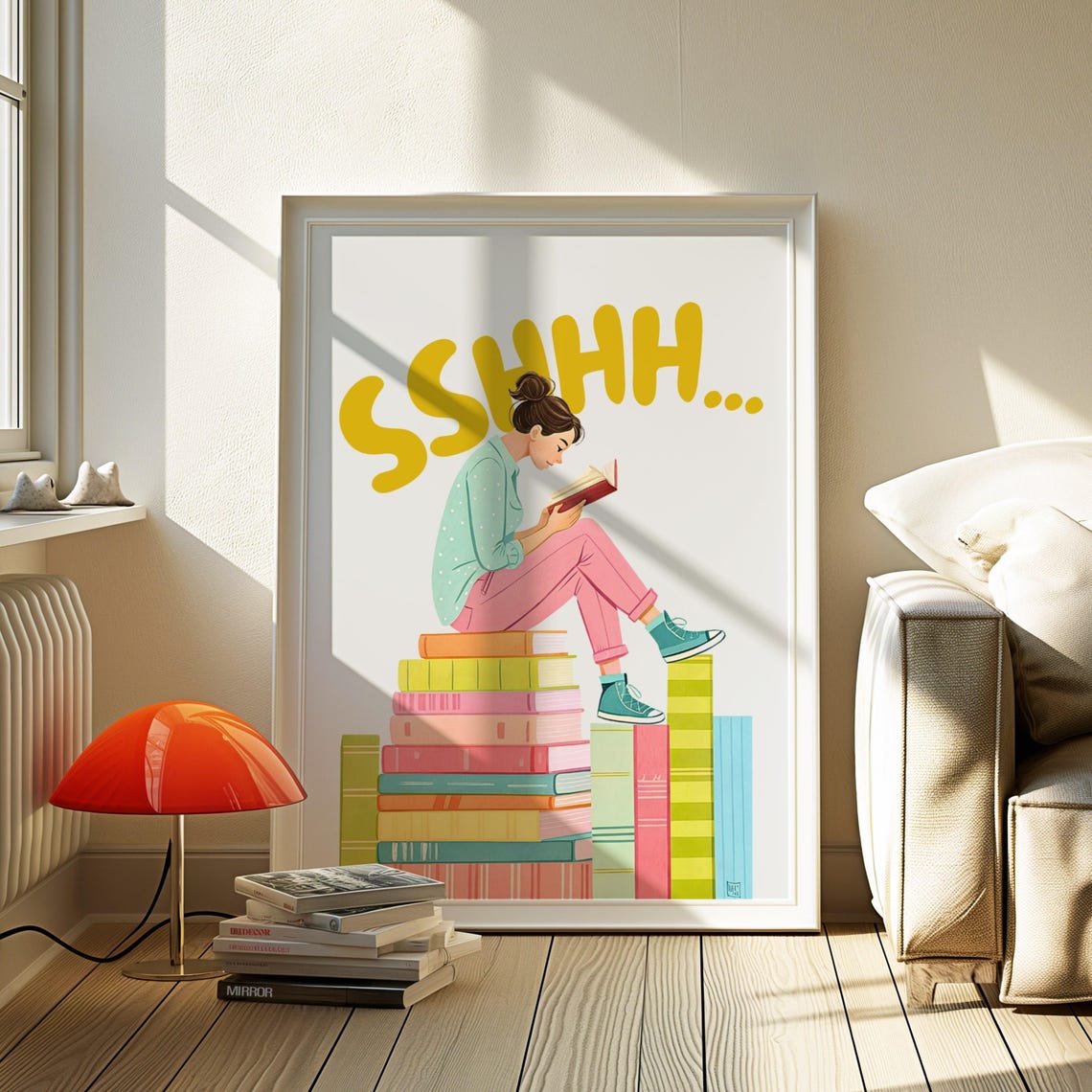 Sshhh Girl Reading Stack Of Books Colorful Library Art Poster