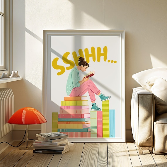 Sshhh Girl Reading Stack Of Books Colorful Library Art Poster