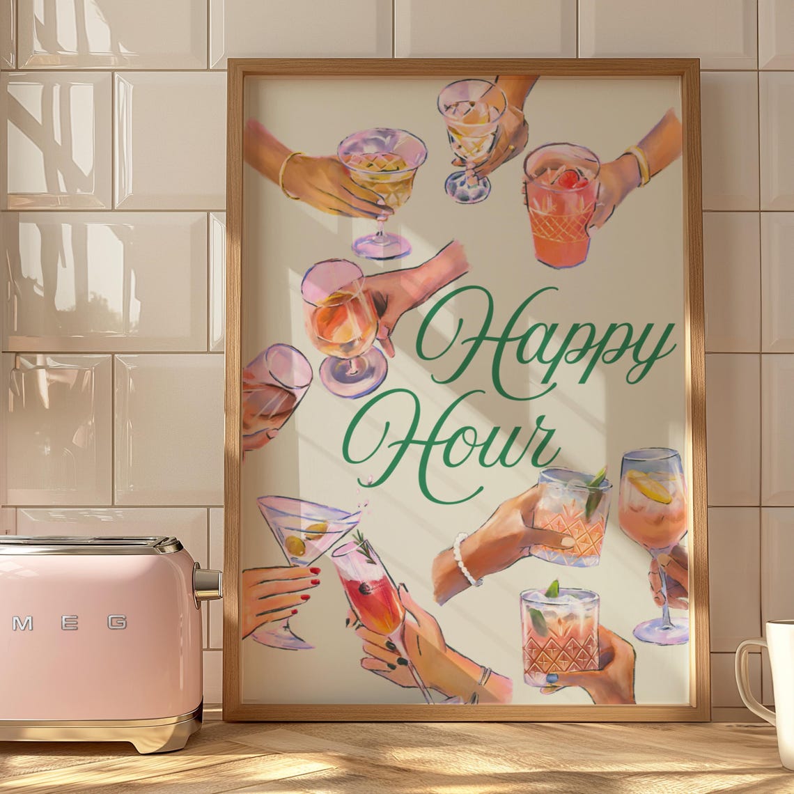 Happy Hour Script Cocktail Cheers Watercolor Bar Cart Party Poster