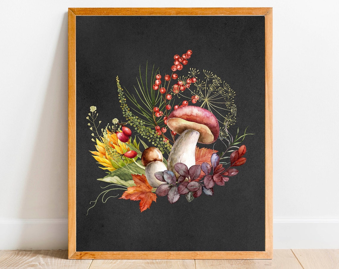 Woodland Fall Mushroom Berry And Maple Leaf Chalkboard Poster