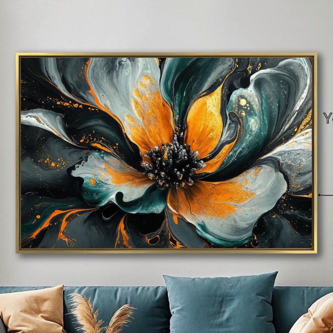 Gorgeous Abstract Fluid Flower Black Teal Orange Gold Bloom Art Print