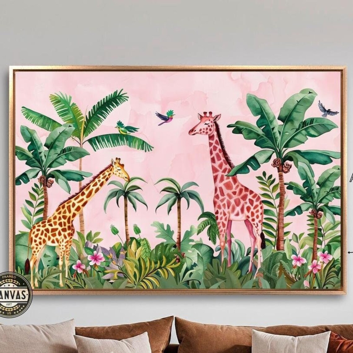 Two Giraffes In Pink Tropical Jungle Watercolor Safari Nursery Poster