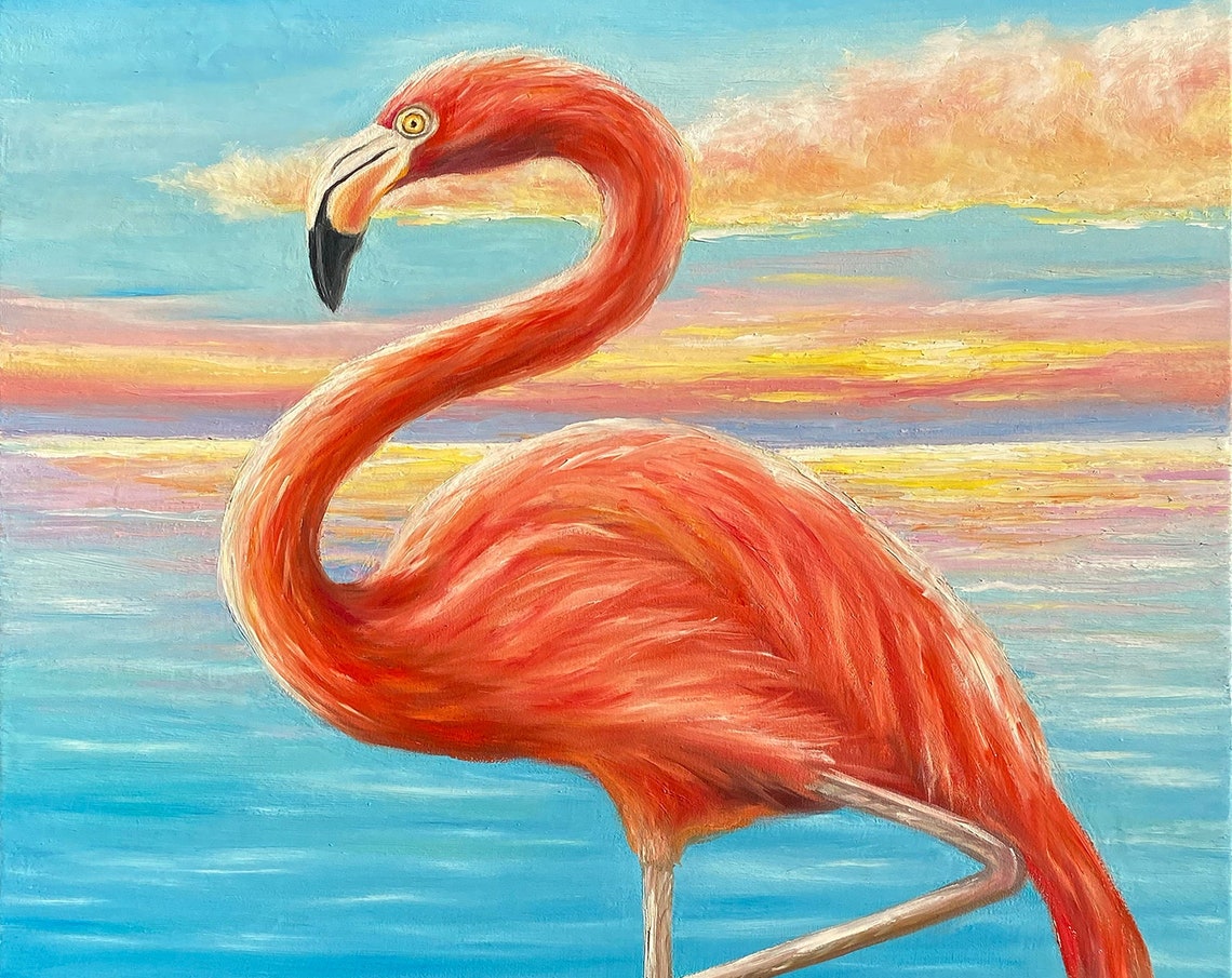 Flamingo Painting Original Flamingo Nursery Wall Art Bird Oil Painting Rainforest Animal Wall Decor Sea Sunset Oil Painting Flamingo Gifts - Image 3
