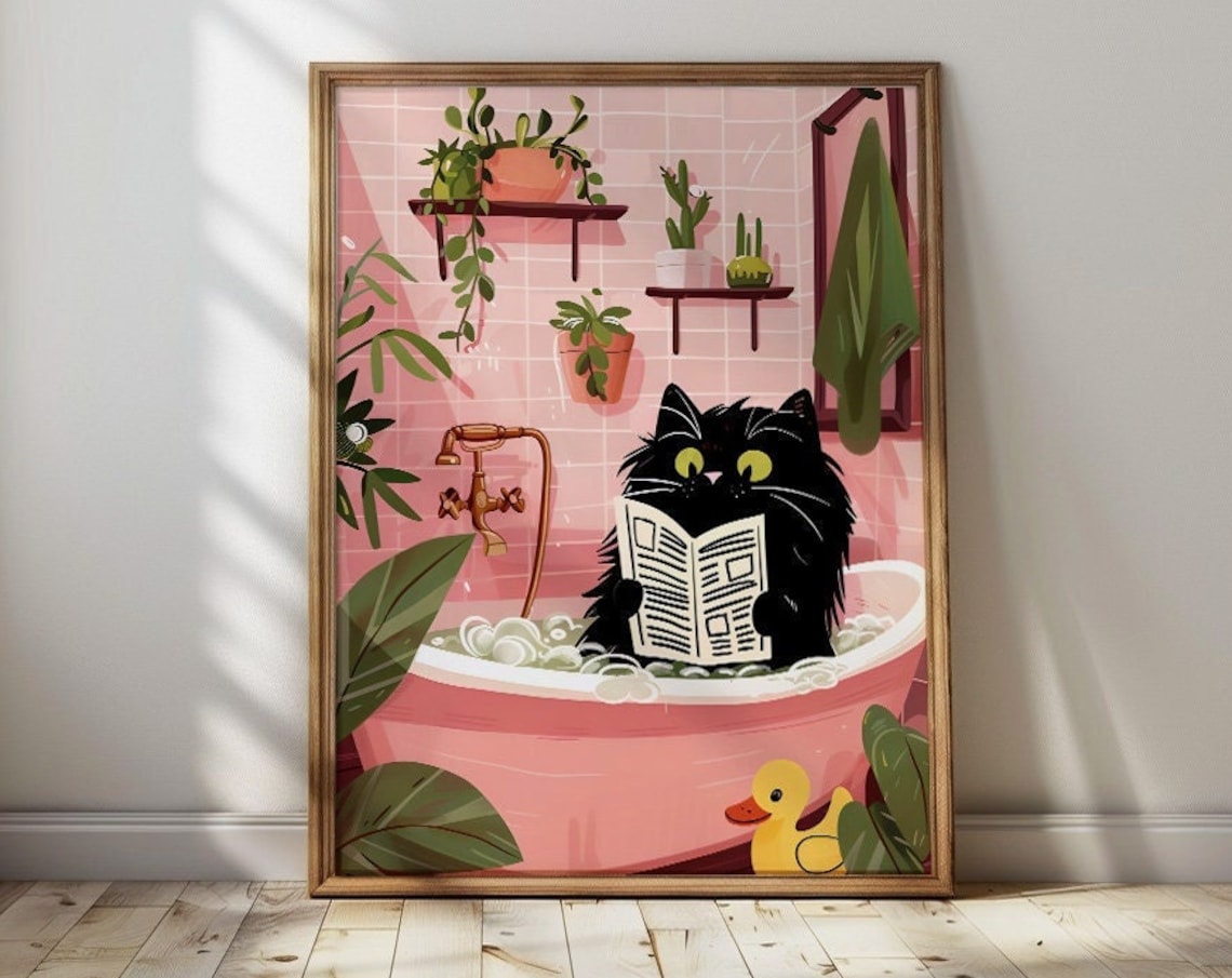 Bathroom Cat Reading Newspaper, Vintage Maximalist Art Print