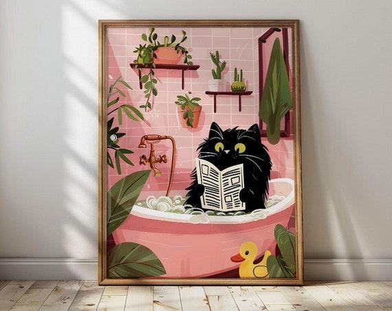 Bathroom Cat Reading Newspaper, Vintage Maximalist Art Print