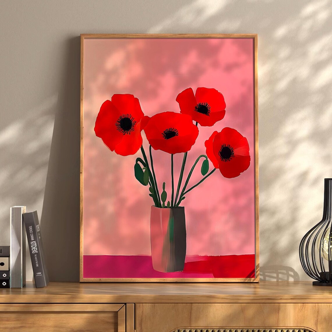 Vibrant Red Poppies In Vase On Pink Modern Floral Art Poster