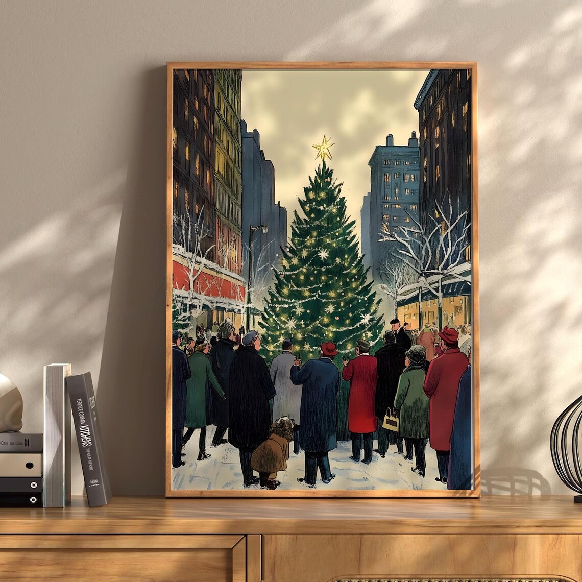 Vintage City Christmas Tree Lighting Snowy Street Crowd Poster