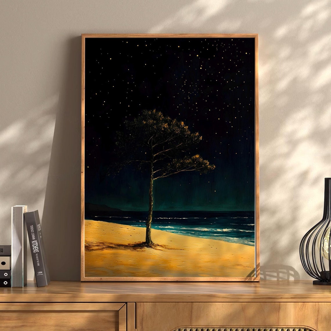 Starry Night Beach Lone Tree Under Moonlit Ocean Sky Romantic Poster