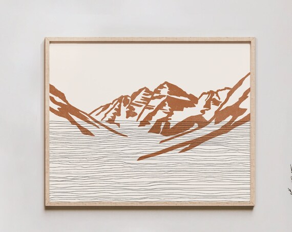 Boho Maroon Bells Art Print Aspen Colorado Elk Mountain Range Outline Silhouette Wall Travel Poster
