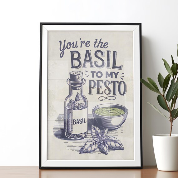 Funny Basil Pesto Print Gift For Food Lovers Vintage Style Kitchen Wall Art Chef Foodie Decor