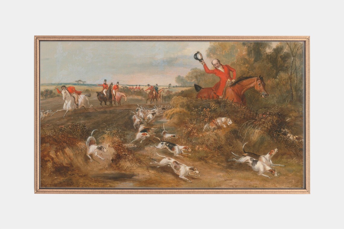 Fox Hunt with Riders in Red Coats and Hounds Vintage Sporting Poster