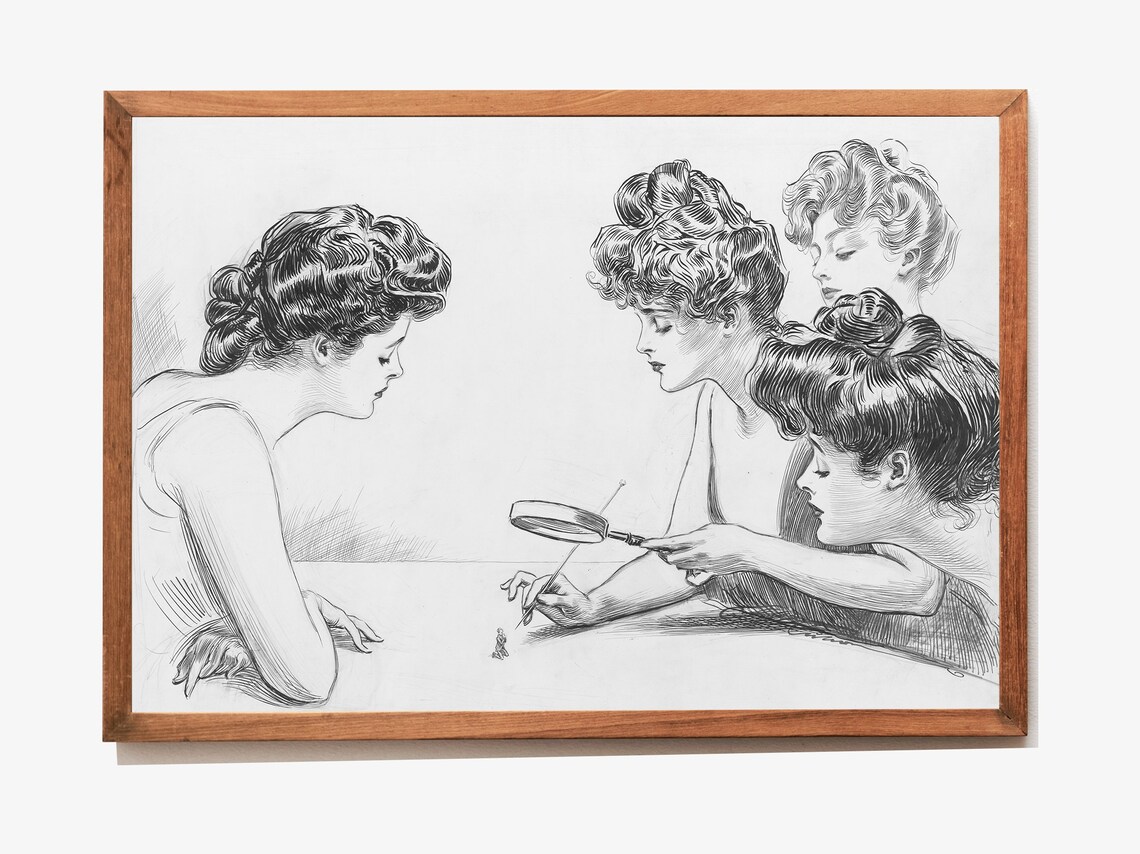 Four Women With Magnifying Glass Vintage Gibson Style Ink Sketch Art Poster - Image 3