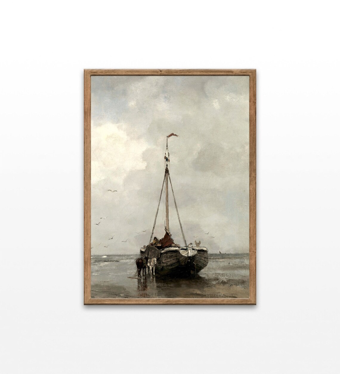 Vintage Fishing Boat Painting Shore Unloading Horses Cloudy Sea Poster