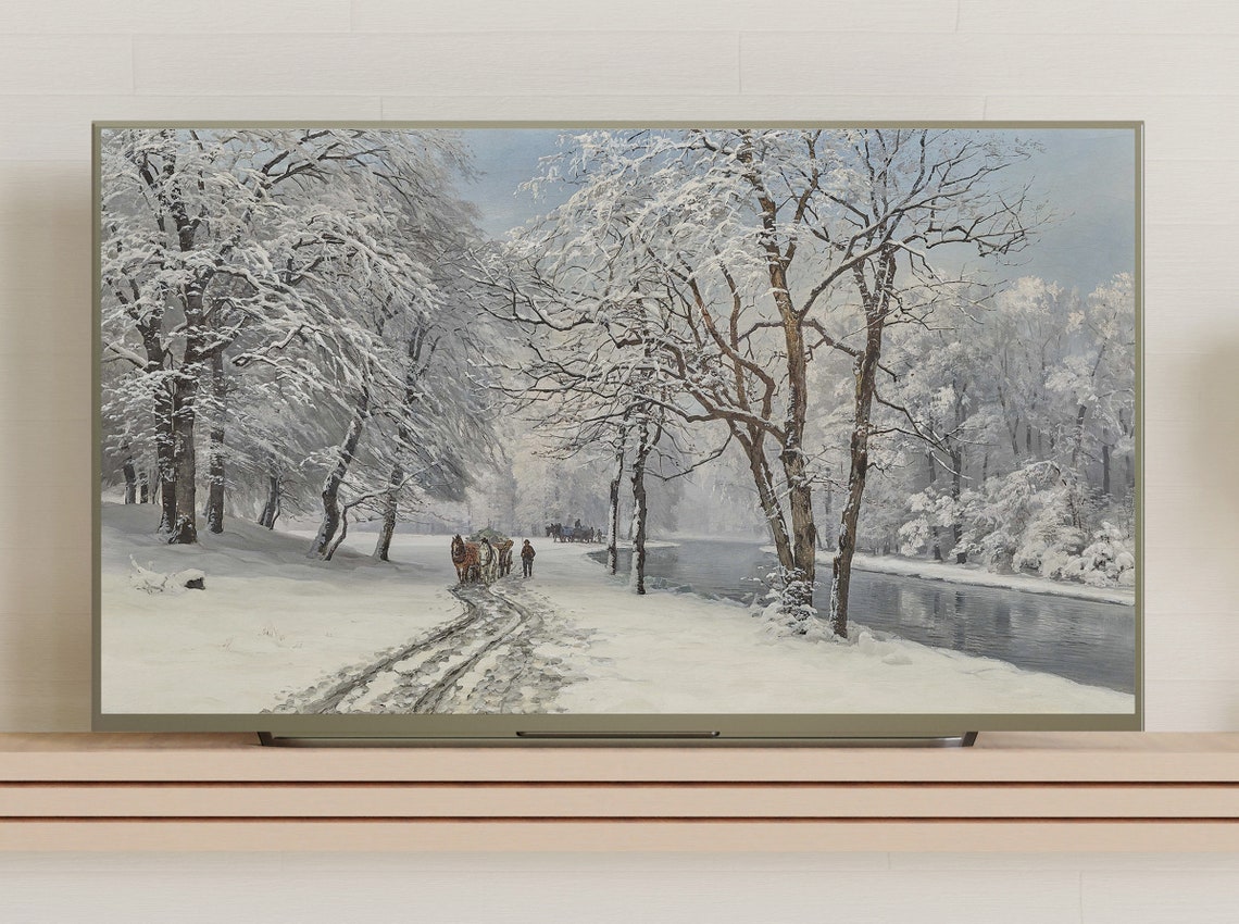 Horse Drawn Carriage On Snowy Park Path Winter Landscape Art Poster - Image 3